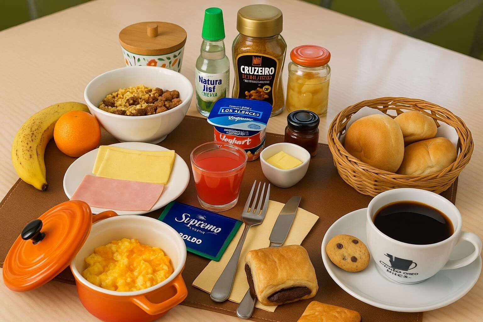 Una mesa de desayuno con diversas opciones de comida, incluyendo un tazón de cereal, un vaso de jugo, un plato de jamón, queso y una cesta de panecillos.
