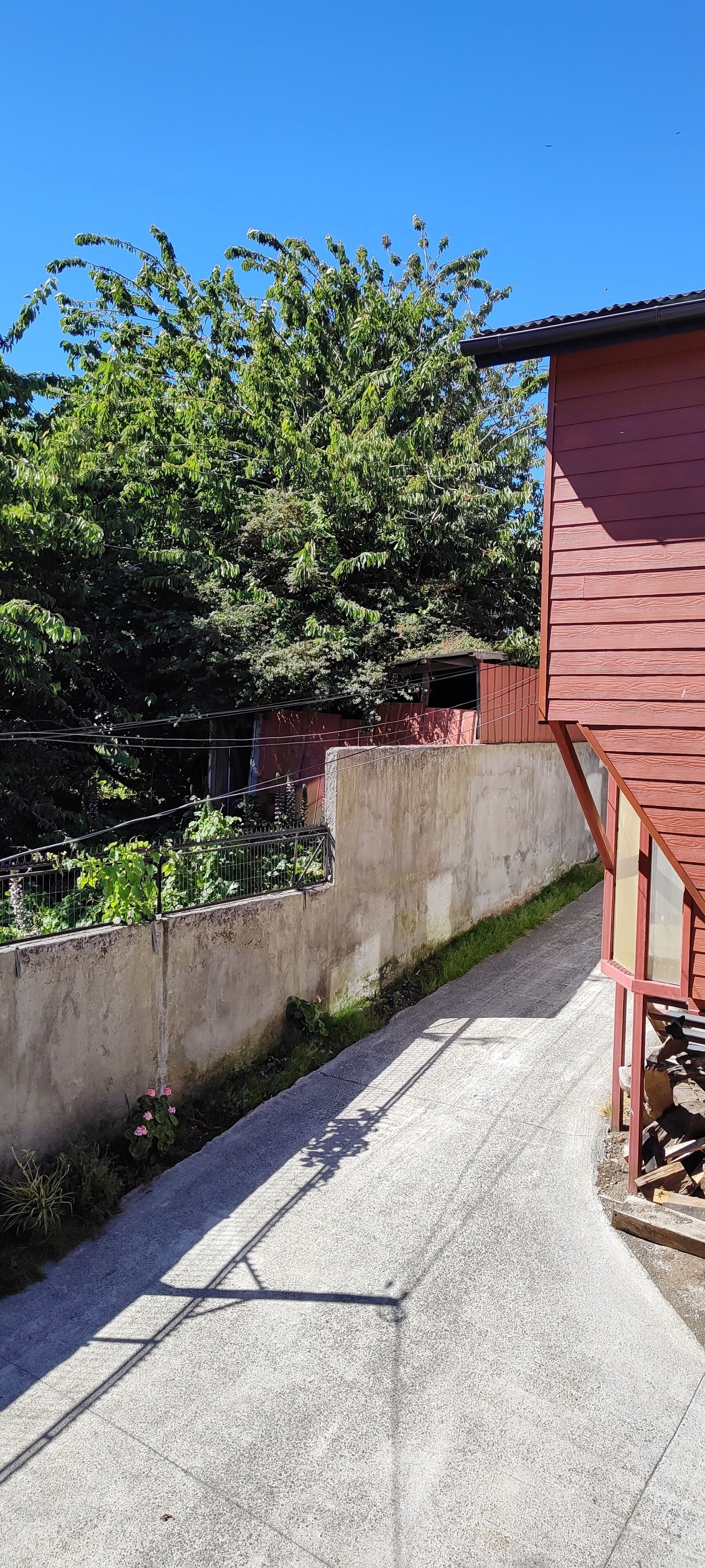 Un chemin en béton mène à un bâtiment rouge doté d’un toit en pente.