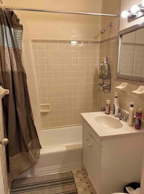 Hair dryer, towels, soap, shampoo