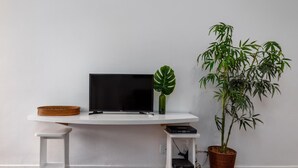 A modern living room with a flat-screen TV on a white console table, a small white stool, a potted plant, and a bamboo plant.