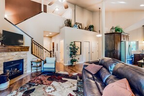 Televisión, chimenea y libros 