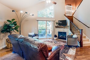 TV, fireplace, books