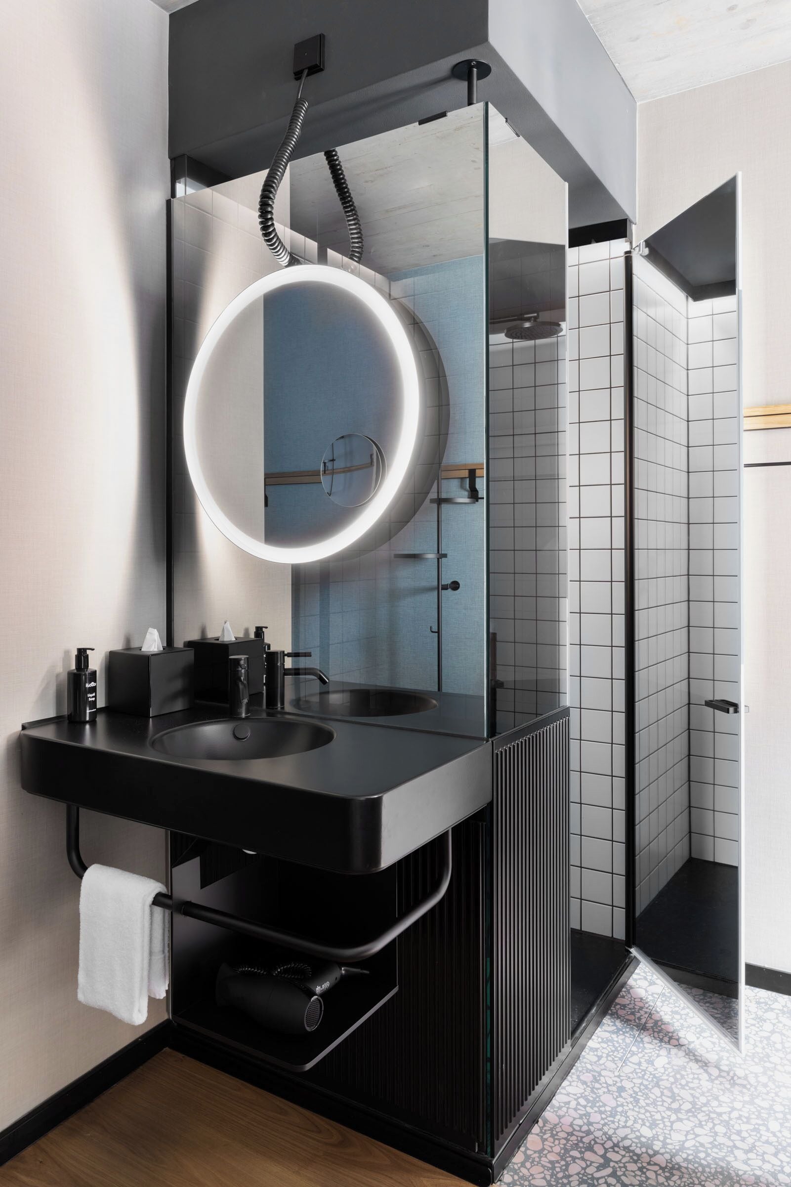 Shower, hair dryer, towels