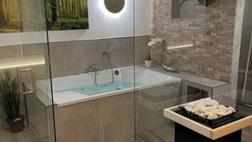 Hair dryer, towels, soap, toilet paper