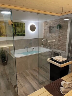 Hair dryer, towels, soap, toilet paper