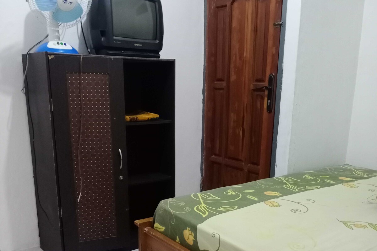 Camera da letto con un letto di legno, una TV su un mobile e una ventola.