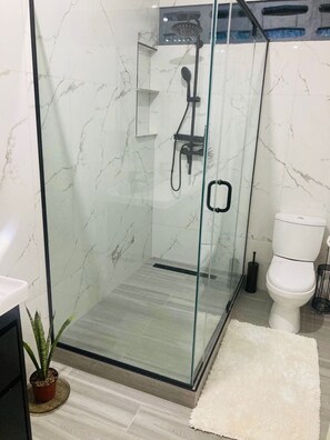 Shower, towels, soap, shampoo