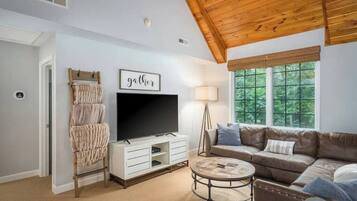 Televisie, een open haard en een kantoor