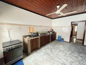 Fridge, microwave, electric kettle, toaster
