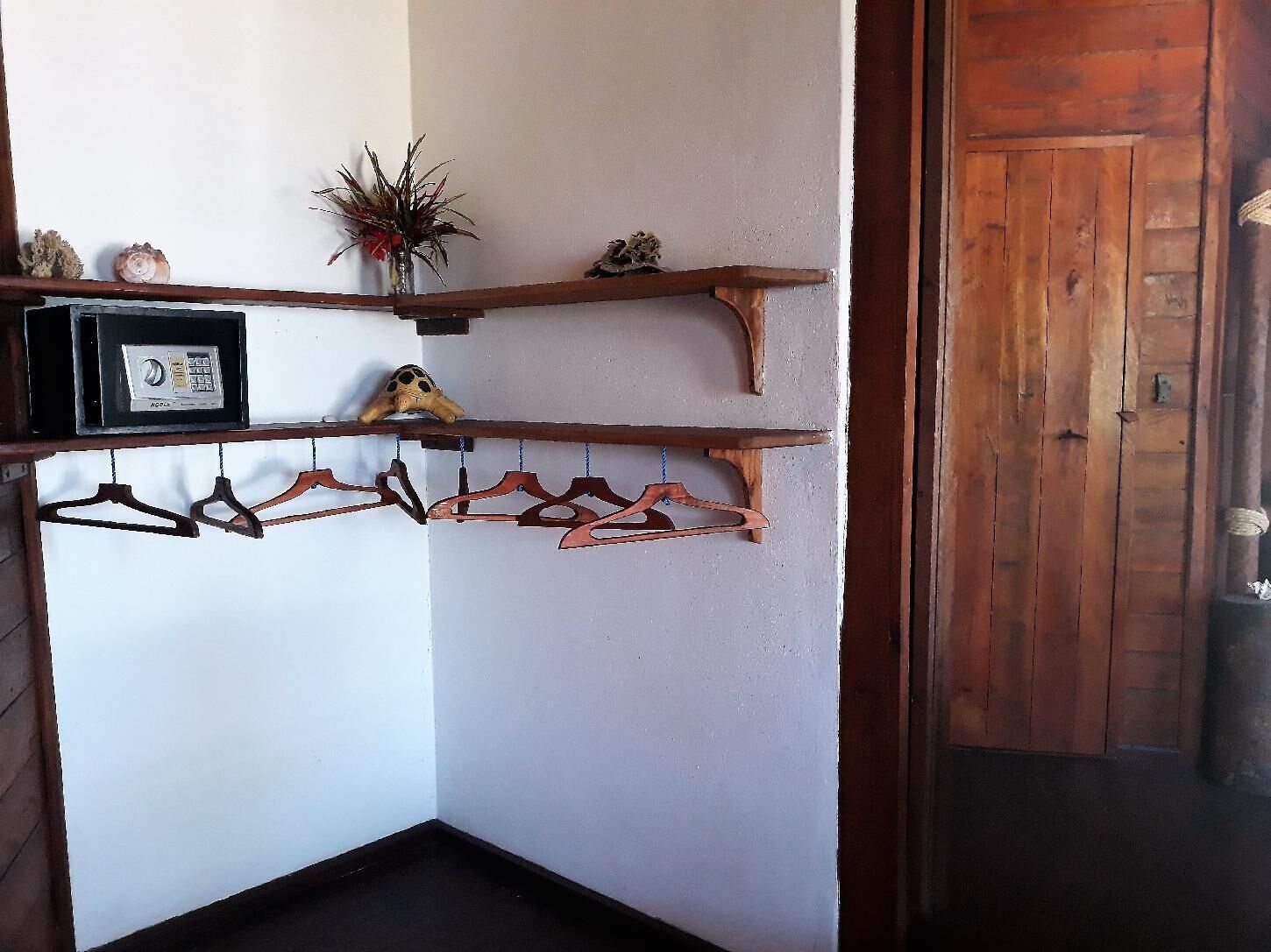 Een hoek met houten planken waarop een thermostaat, een decoratief object en een plant staan.