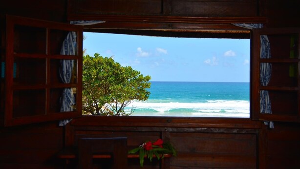 Ventana con marco de madera y vista al océano y un árbol.