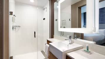 A modern bathroom with a glass-enclosed shower, a large mirror, and a dual sink vanity.