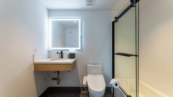 A modern bathroom with a white sink, a toilet, and a glass shower enclosure.