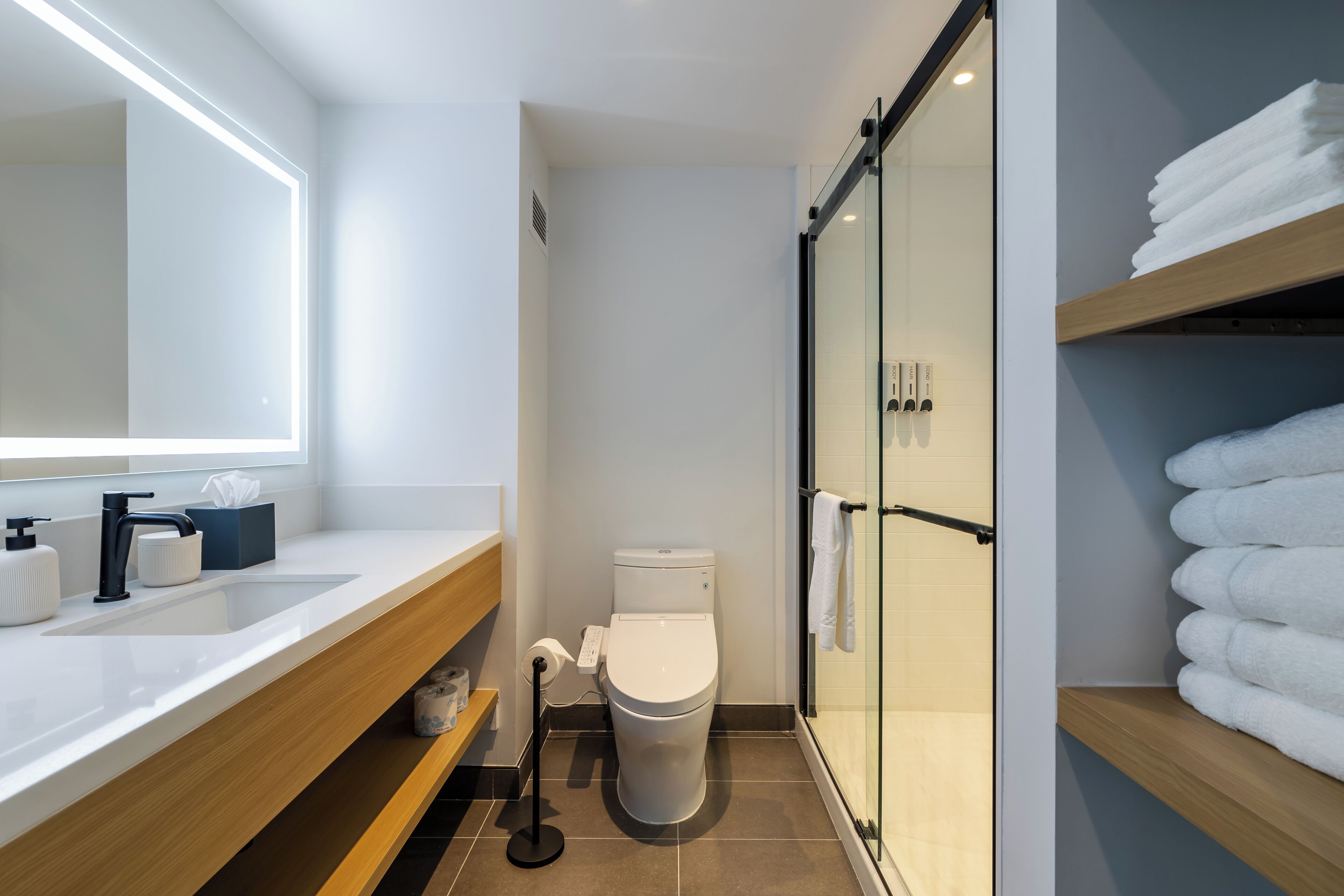 A modern bathroom with a white sink, a toilet, and a glass shower enclosure.