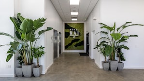 A hotel corridor with concrete flooring, potted plants on either side, and a large wall mural with the text "HOTEL MAI LB". - Hotel Mai Downtown Long Beach (Long Beach)