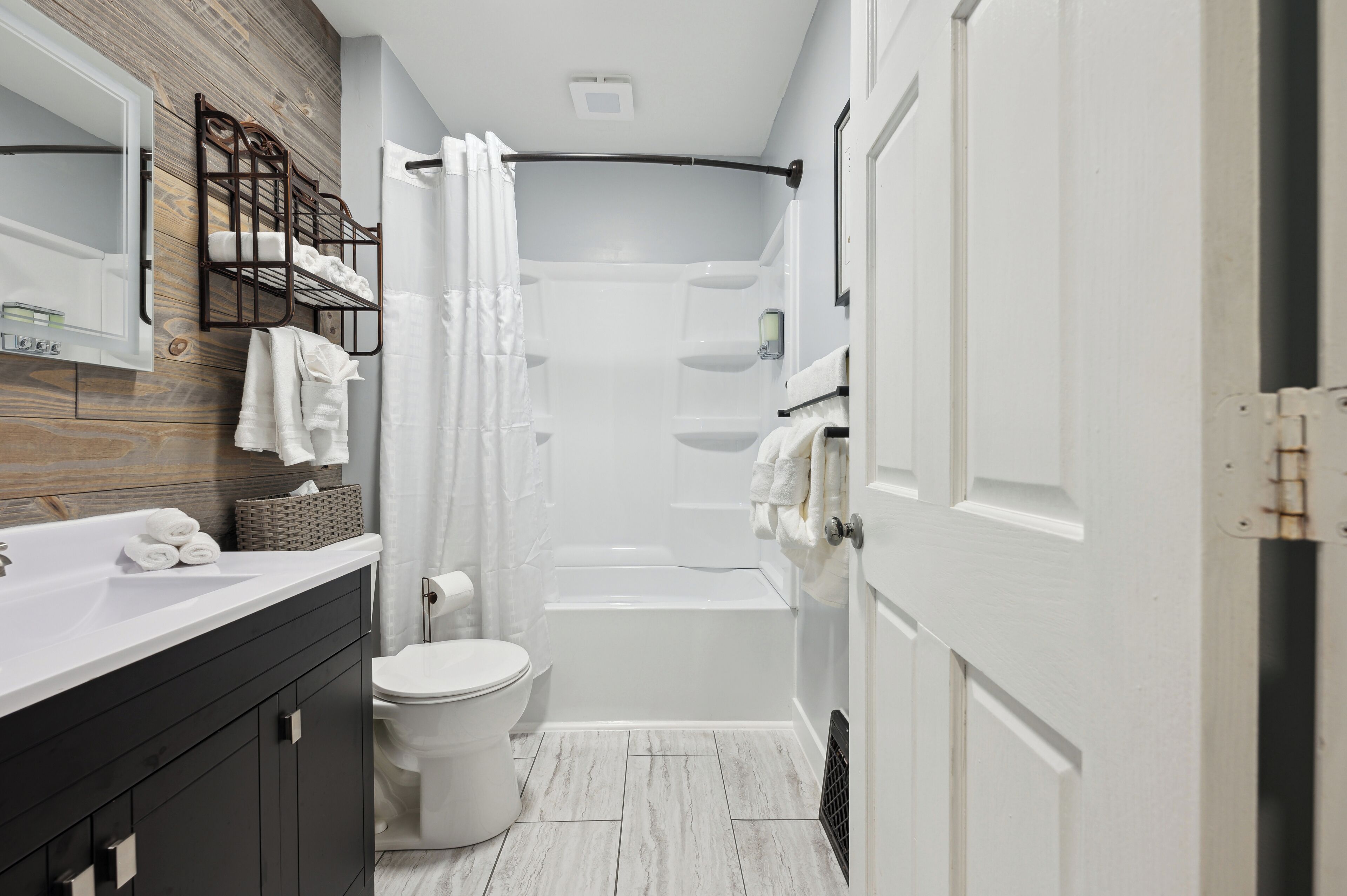Hair dryer, towels, soap, shampoo