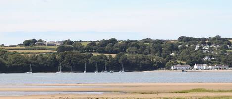 A coastal landscape with a sandy beach, sailboats, and a cluster of houses on a hill.