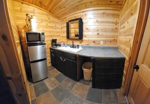 Fridge, microwave, coffee/tea maker, paper towels