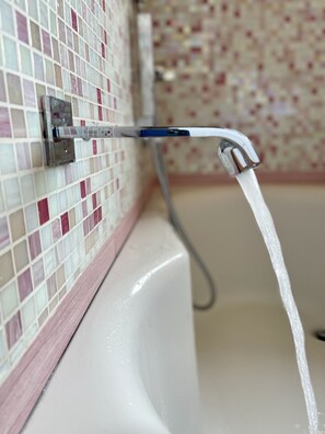 Hair dryer, bidet, towels, soap