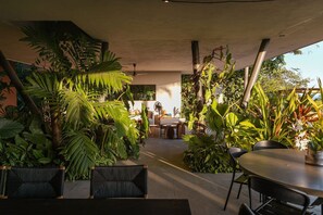 An indoor space with a dining area, surrounded by lush tropical plants, featuring a modern ceiling design and natural light. - Casa en Punta de Mita frente al mar (Punta de Mita)
