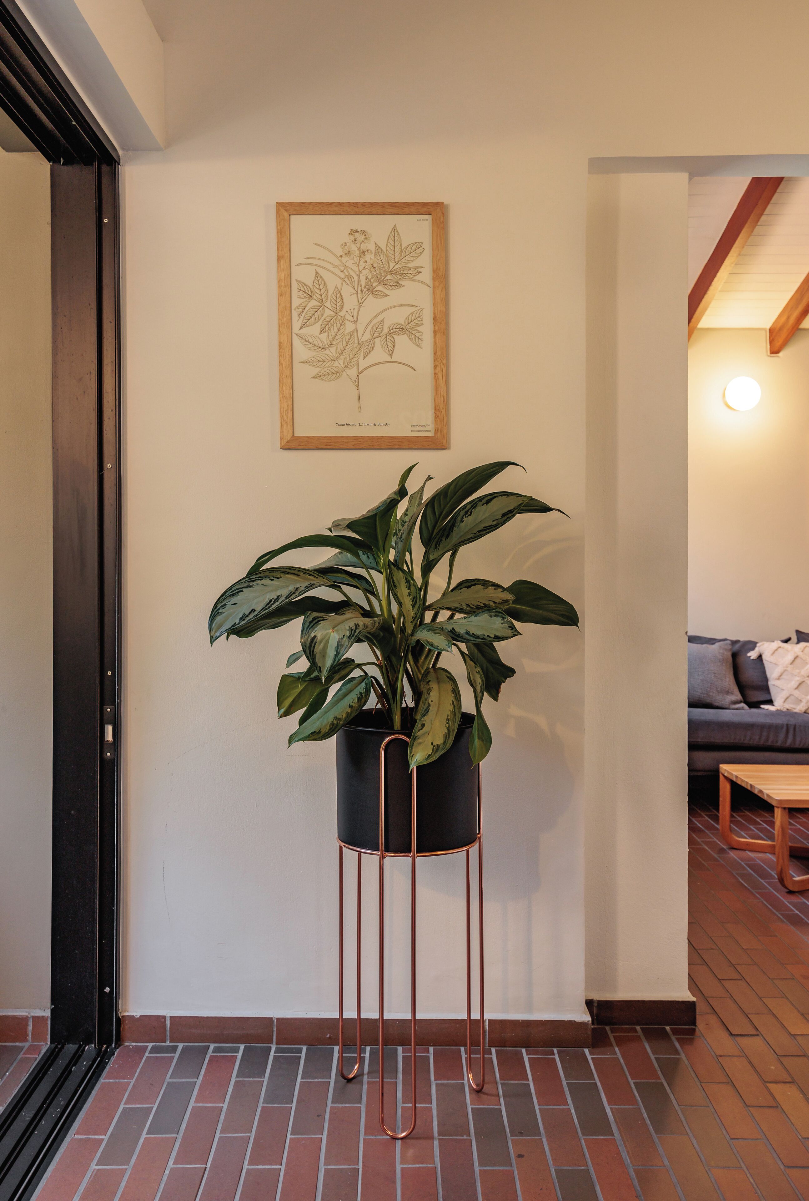 A potted plant in a black pot with copper legs, a framed botanical print on the wall, and a brick floor.