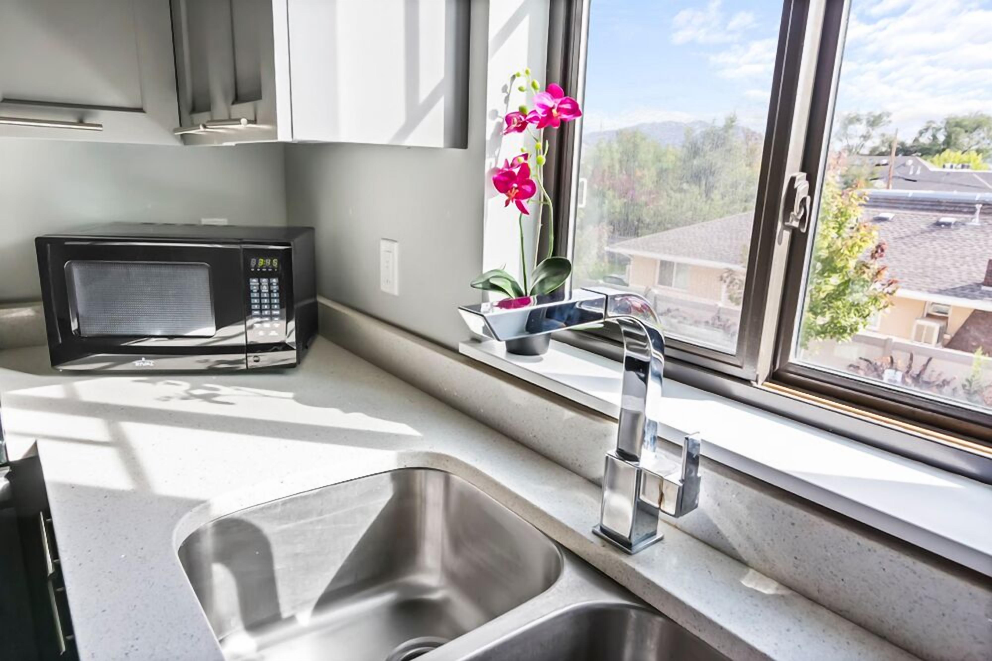A kitchen with a stainless steel sink, a microwave, and a window with a view of buildings and mountains.