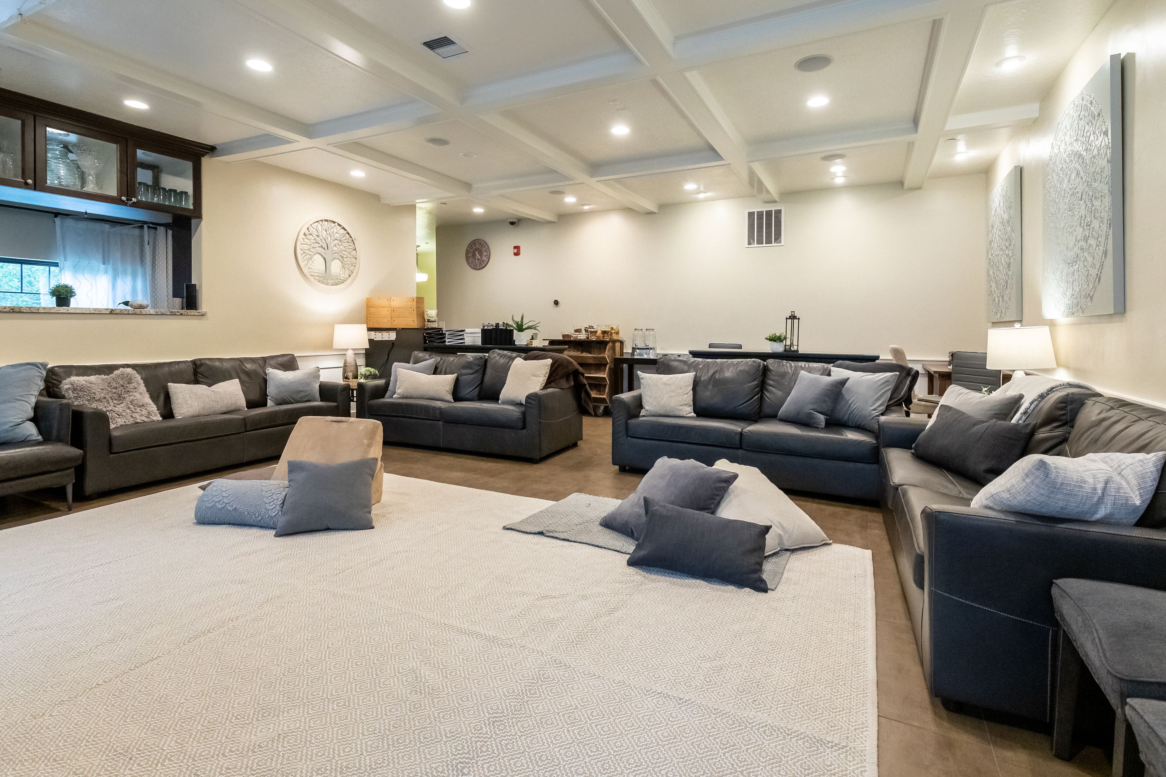 A spacious living area with multiple dark-colored sofas and a large rug, a kitchen area with modern appliances, and a dining table.