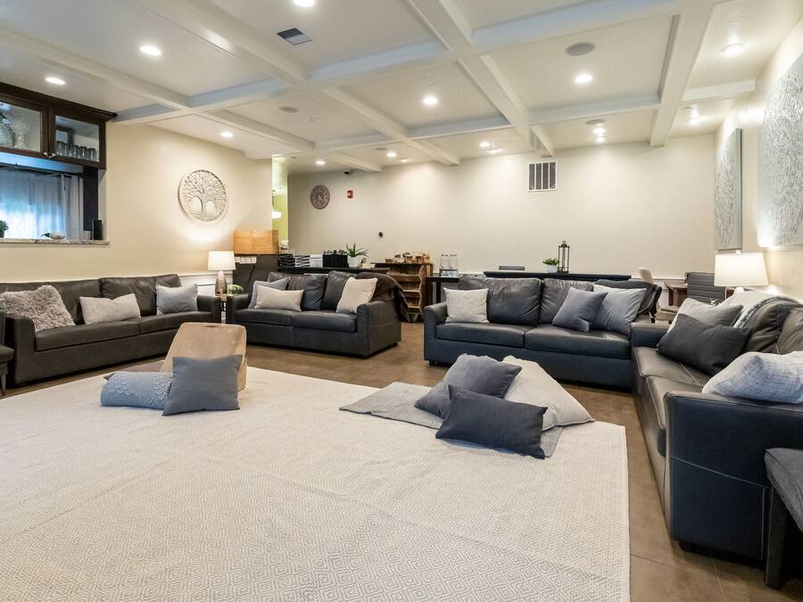 A spacious living area with multiple dark-colored sofas and a large rug, a kitchen area with modern appliances, and a dining table.