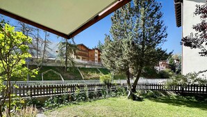 A residential area with a well-maintained lawn, a wooden fence, and a building in the background. - Studio Marmotta - Zermatt (Zermatt)