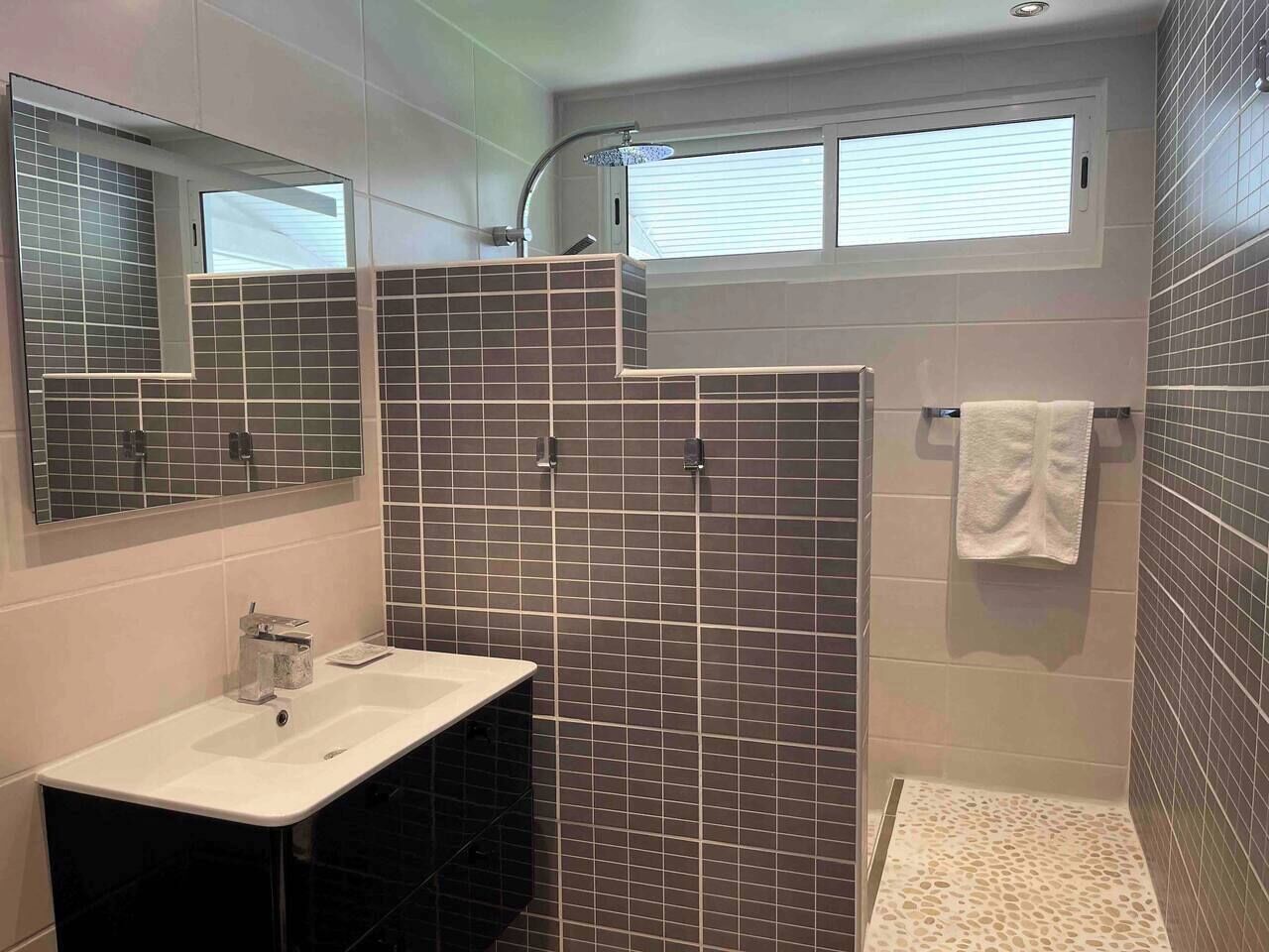 A modern bathroom with a shower, a sink, and a mirror.