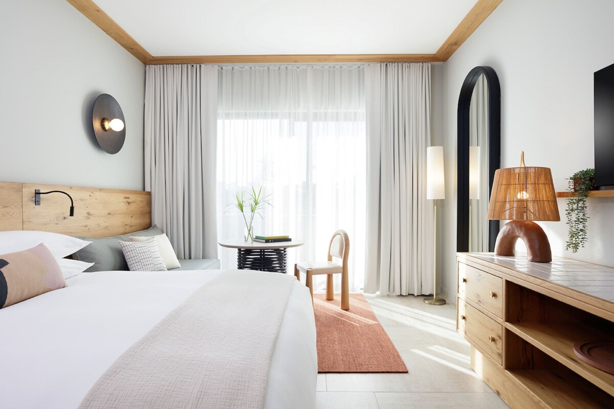 Una habitación de hotel con una cama grande, cabecera de madera, mesita de noche con lámpara, una silla, una pequeña mesa con una planta y un televisor sobre un soporte.