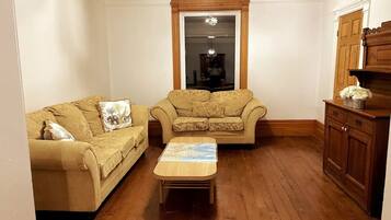 Smart TV, fireplace, foosball, books