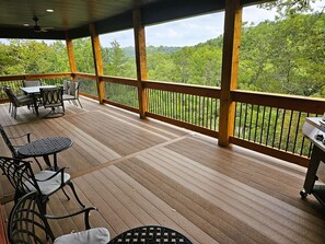 Eine überdachte Terrasse im Freien mit Tisch, Stühlen, einem Grill und Blick auf eine bewaldete Landschaft.