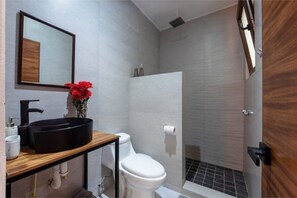 Hair dryer, towels, soap, shampoo