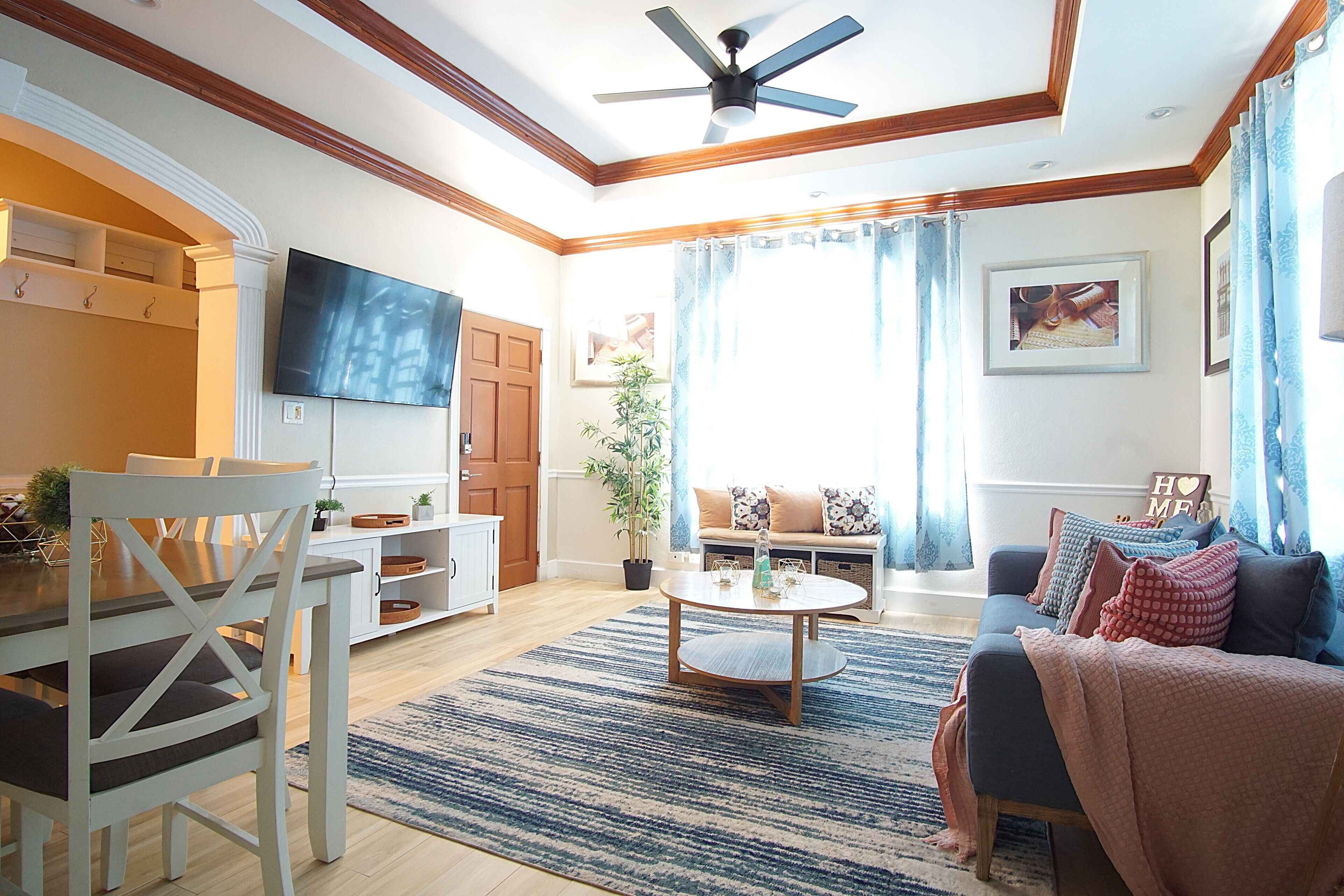Smart TV, fireplace, books