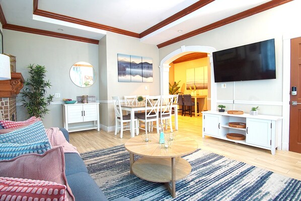 Smart TV, fireplace, books