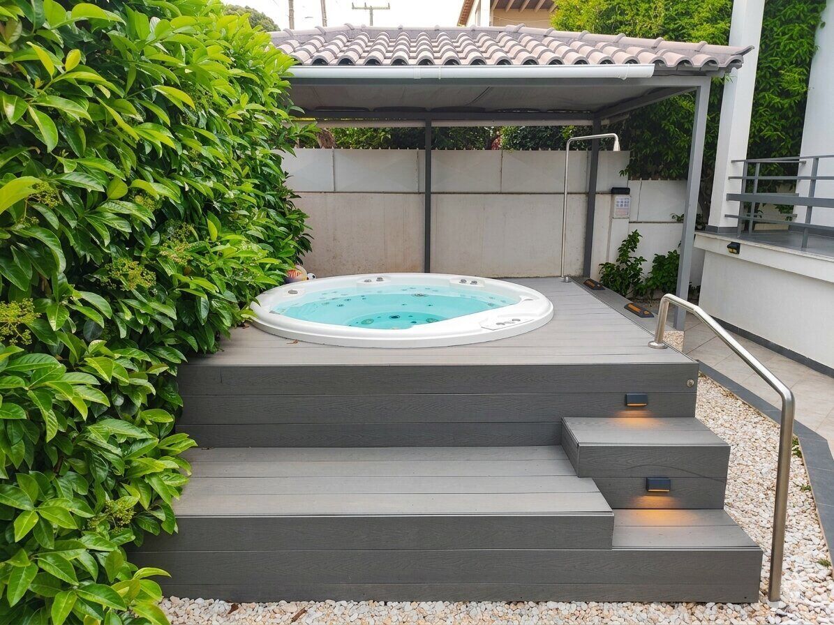 A hot tub with steps leading up to it, surrounded by greenery and a tiled roof structure.