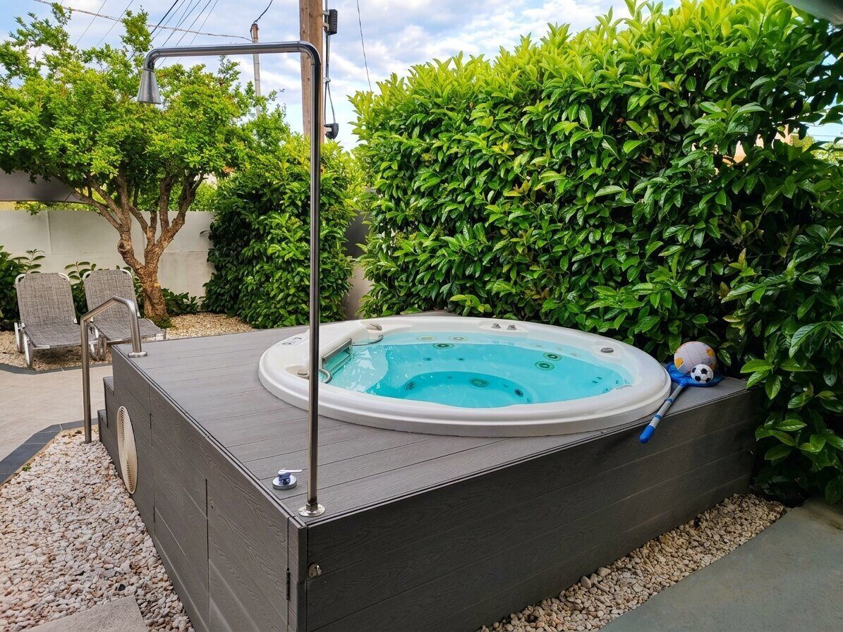 A hot tub in a wooden deck with a metal showerhead, surrounded by greenery.