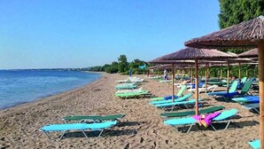 Une plage bordée de rangées de chaises longues et d’ombrelles en chaume.