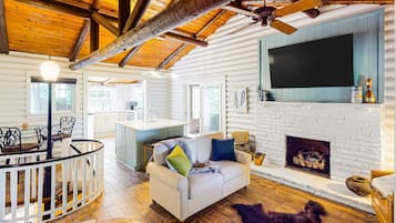 TV, fireplace, foosball