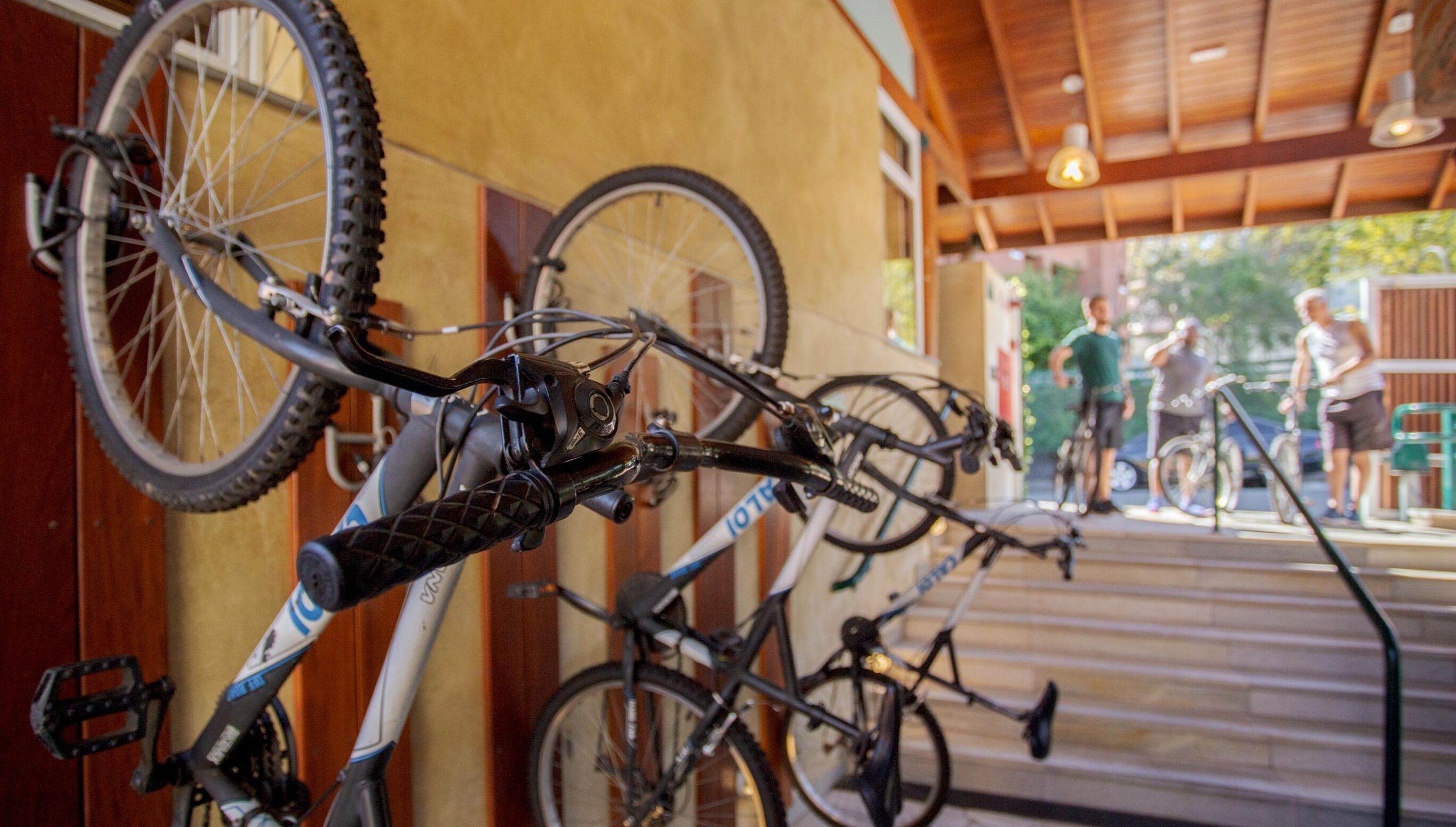 Bicycles parked indoors with a wooden ceiling and steps leading to an outdoor area.