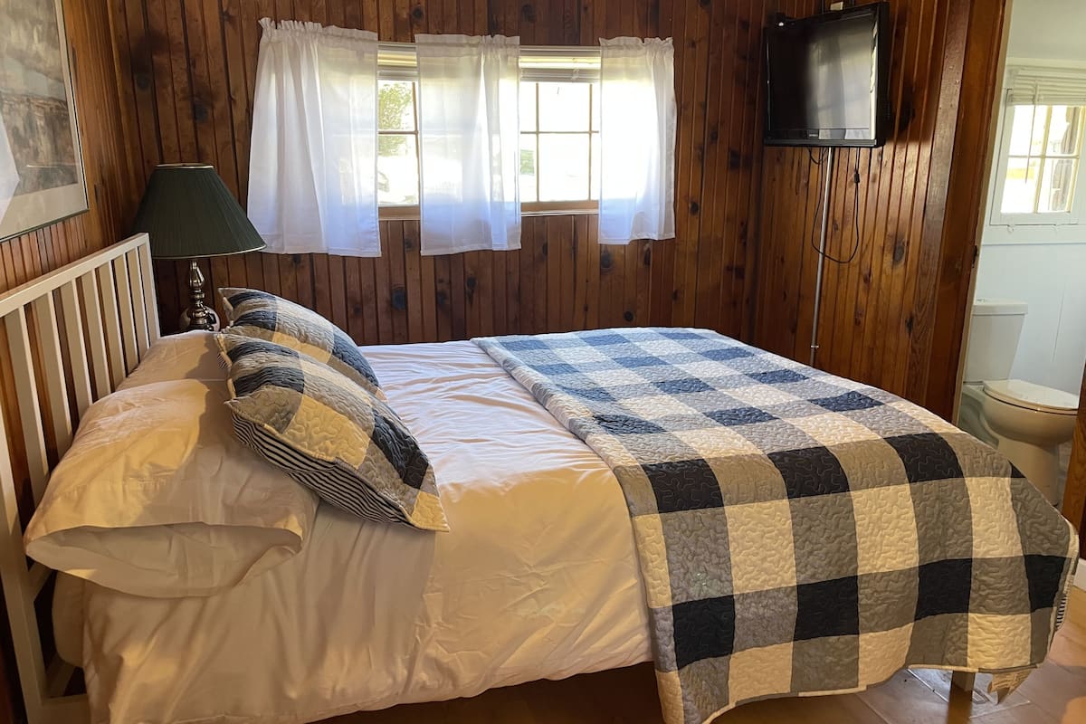 A wooden-paneled room with a bed, white curtains, a television, and a window.