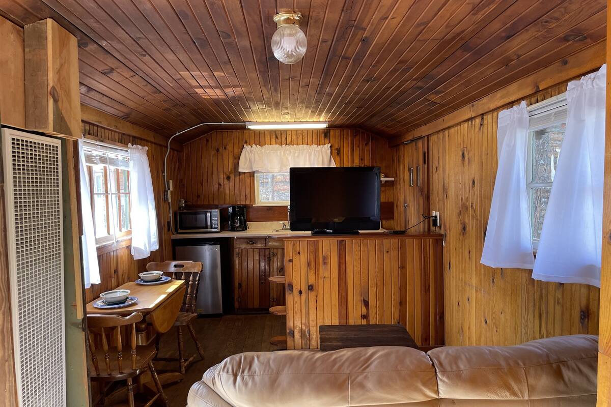A compact cabin with a kitchenette, a sofa, and a television.