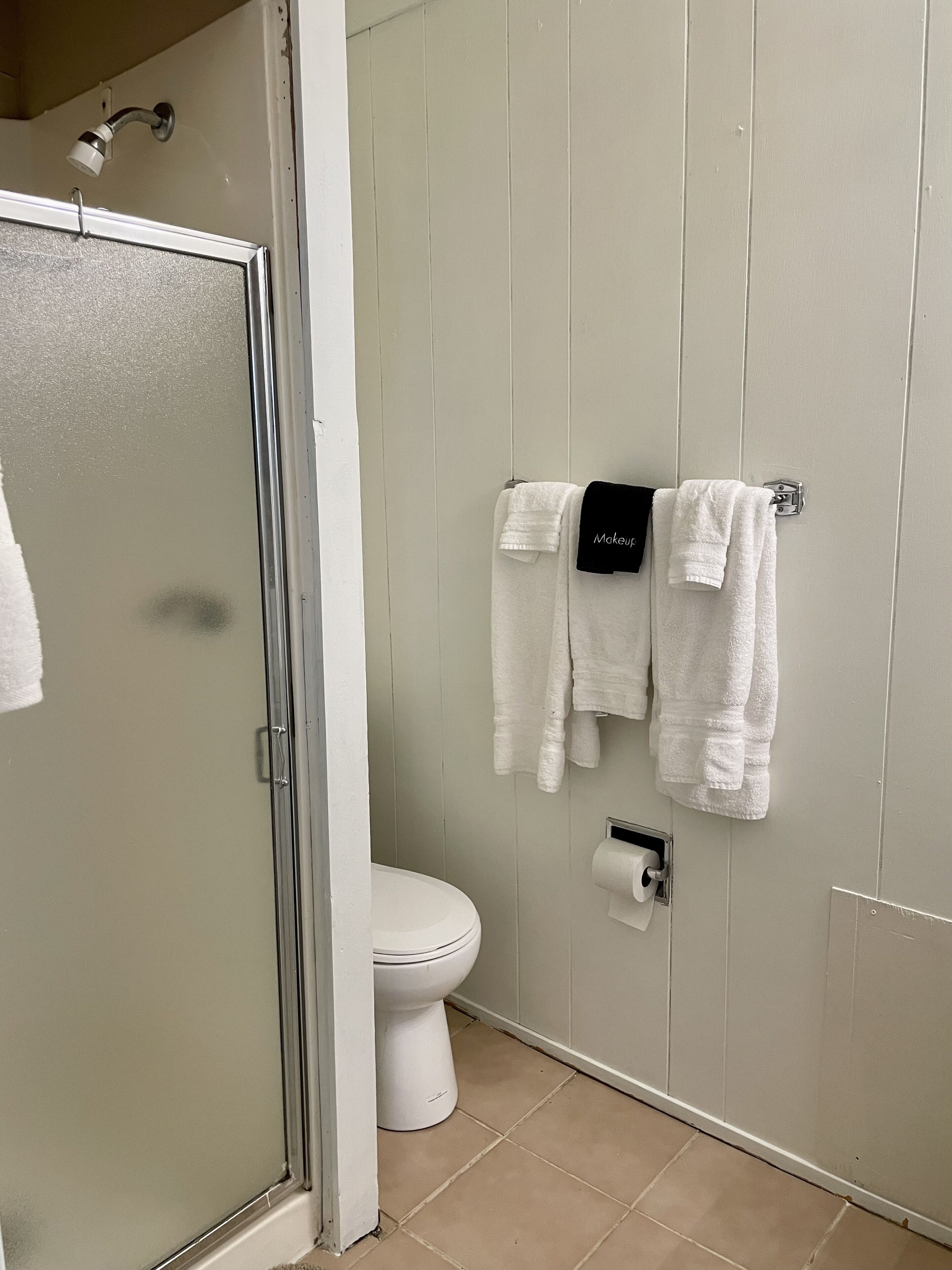 Een badkamer met een toilet, een glazen douchecabine en twee witte handdoeken aan een metalen handdoekrek.