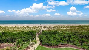 Vista a la playa con un camino que lleva al agua, rodeado de vegetación.