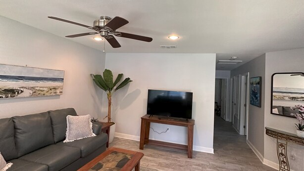 A living room with a grey sofa, a wooden coffee table, a TV on a wooden stand, a ceiling fan, and a plant.