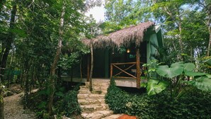 A rustic wooden structure with a thatched roof, surrounded by dense greenery and a stone staircase leading up to it.