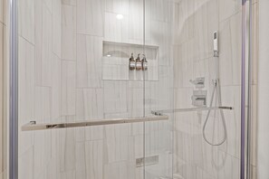 Hair dryer, towels, soap, shampoo