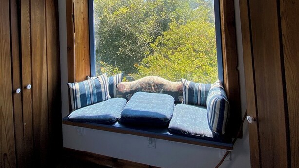 Ein gemütliches Zimmer mit integriertem Fensterbänksitz, Holzwänden und einer Decke mit einem einzigartigen blauen Muster.