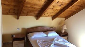 Desk, laptop workspace, blackout curtains, iron/ironing board